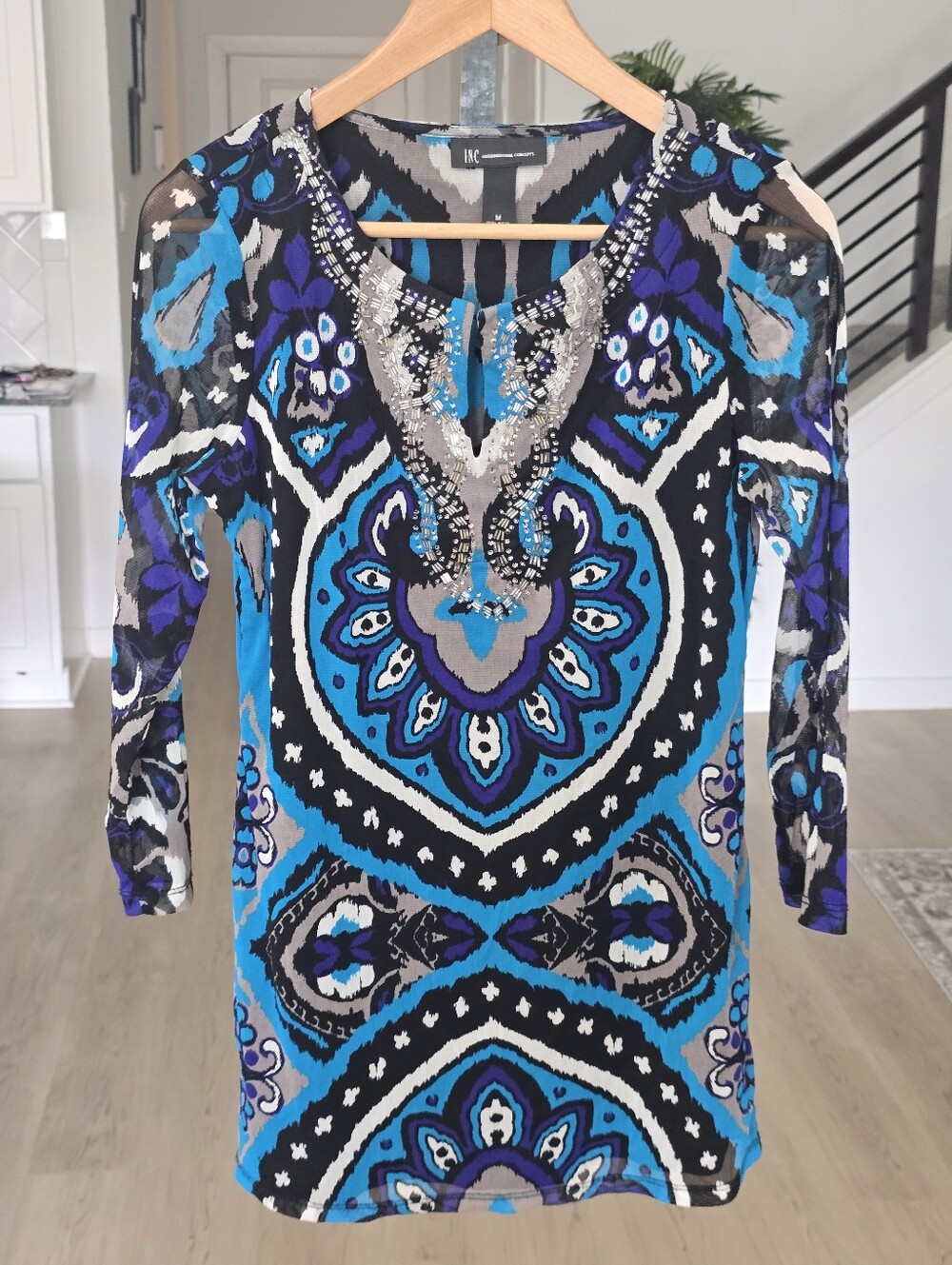 INC International Concepts Beaded Tunic Top Blue Black Abstract Print Mesh Sheer